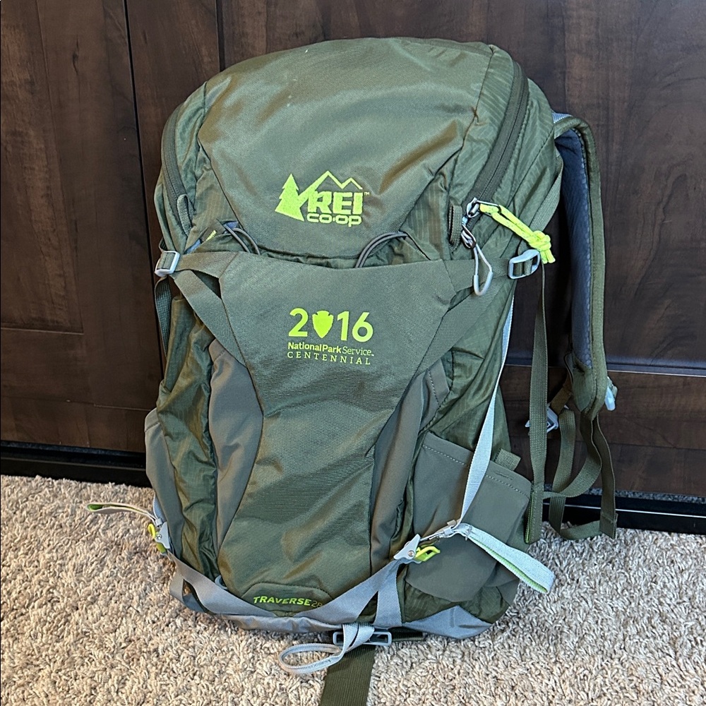 REI National Park Service Centennial Olive Green Backpack with Lime Accents